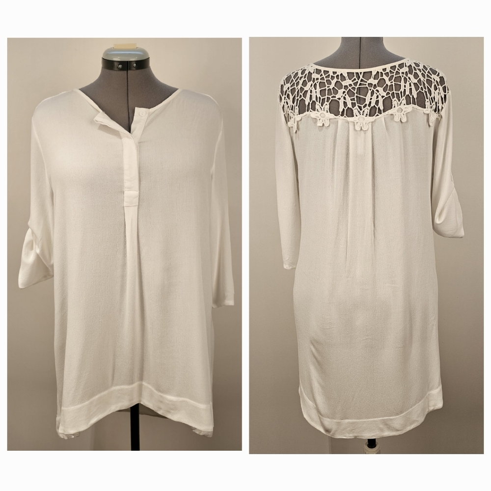 Cirana white rayon crepe cotton lace short sleeve buttoned neck blouse top L